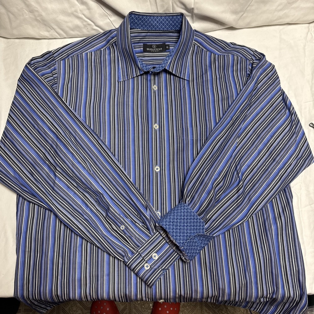 Bugatchi Uomo Mens Blue Striped Button Front Shirt Flip Cuff XL